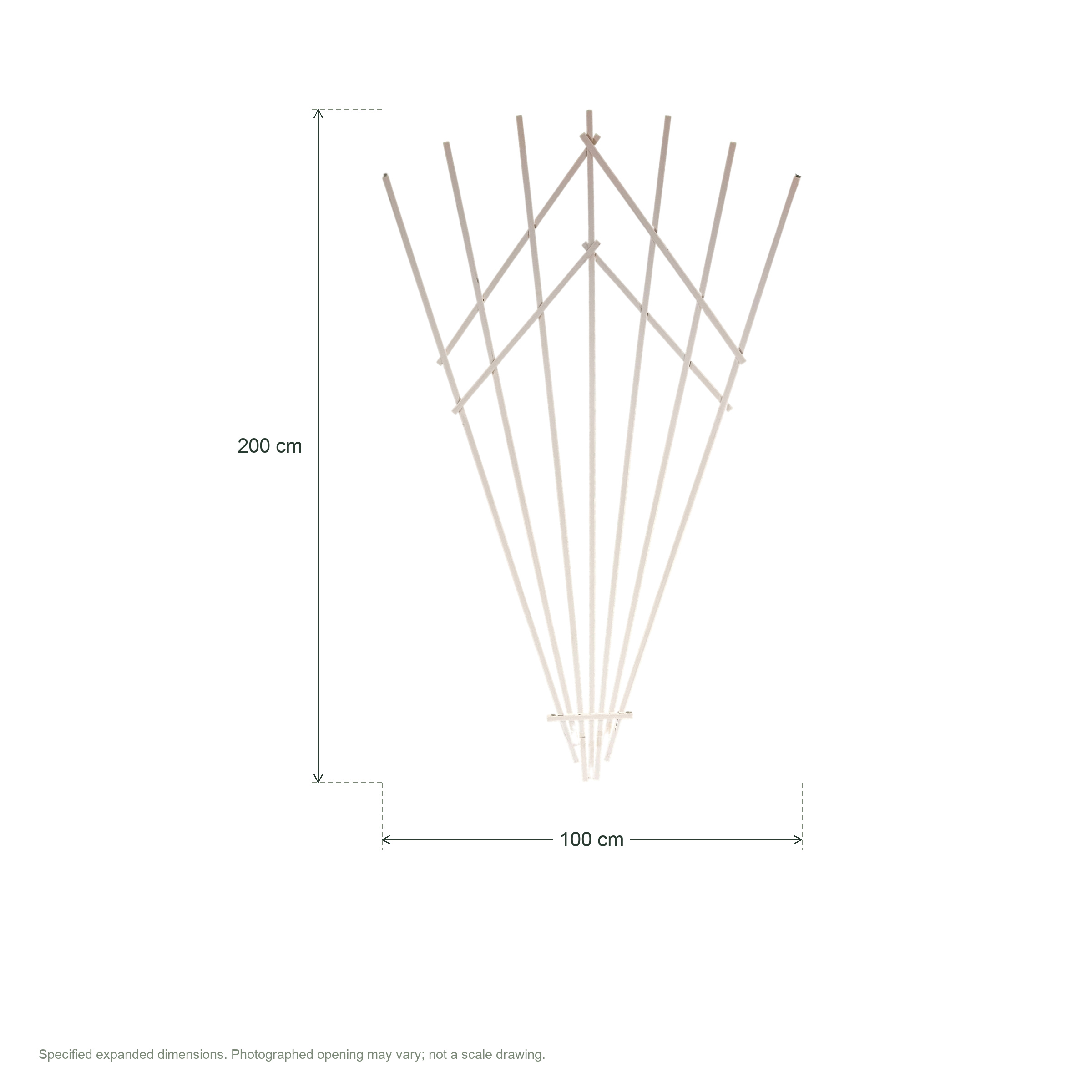 Folding wooden fan-shaped flower trellis, large, white, size 100 x 200 cm — dimensions clean