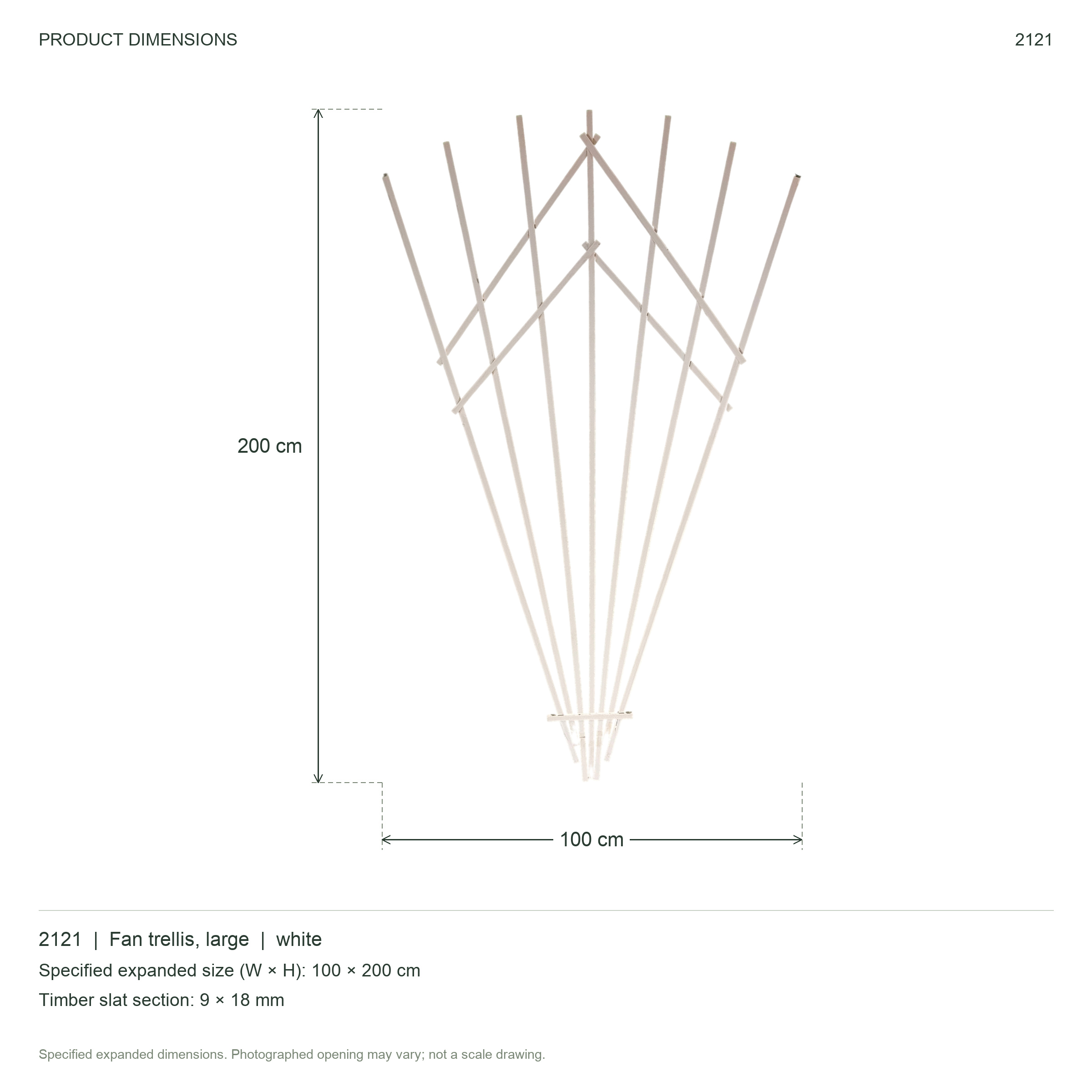 Folding wooden fan-shaped flower trellis, large, white, size 100 x 200 cm — dimensions details