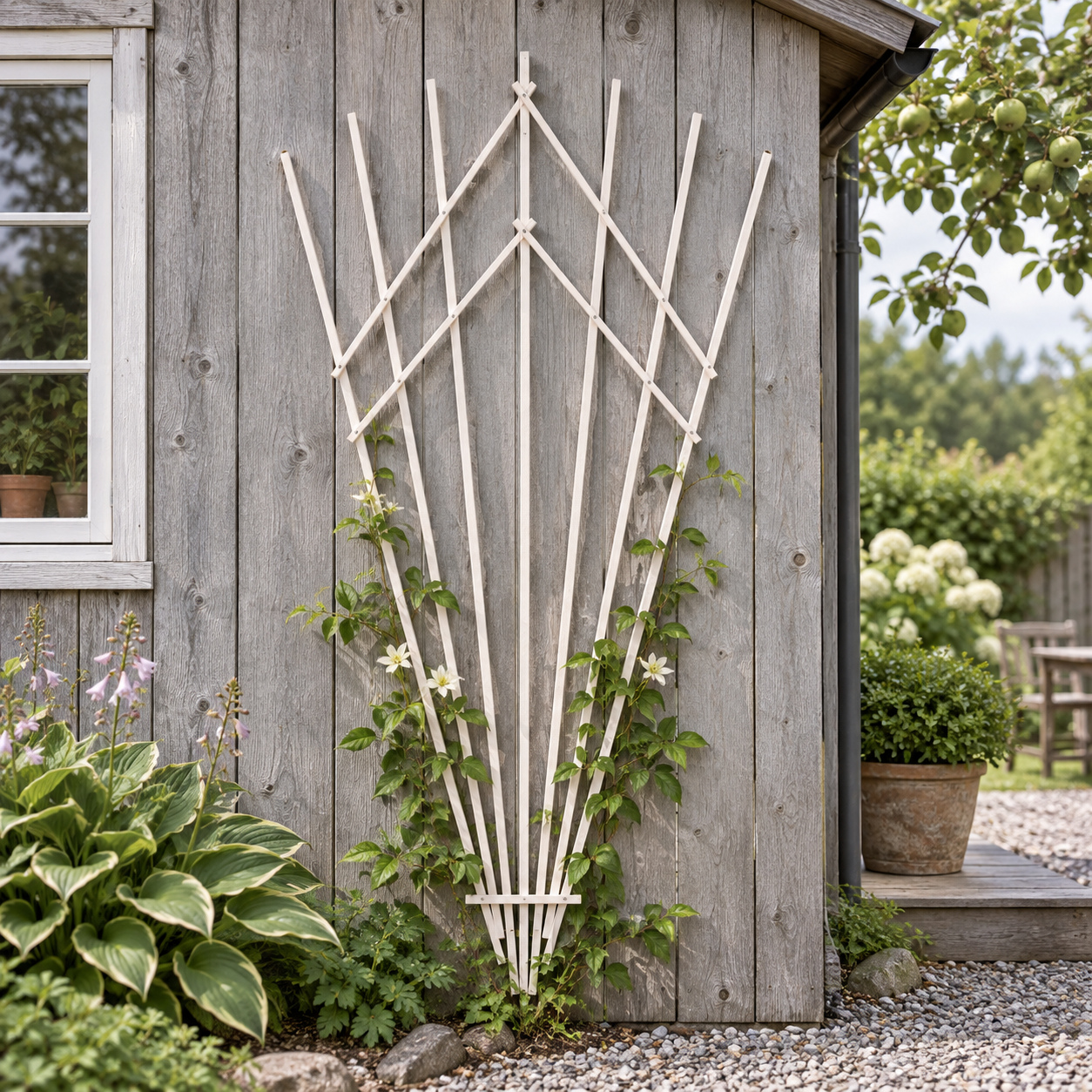 Folding wooden fan-shaped flower trellis, large, white, size 100 x 200 cm — lifestyle 1x1
