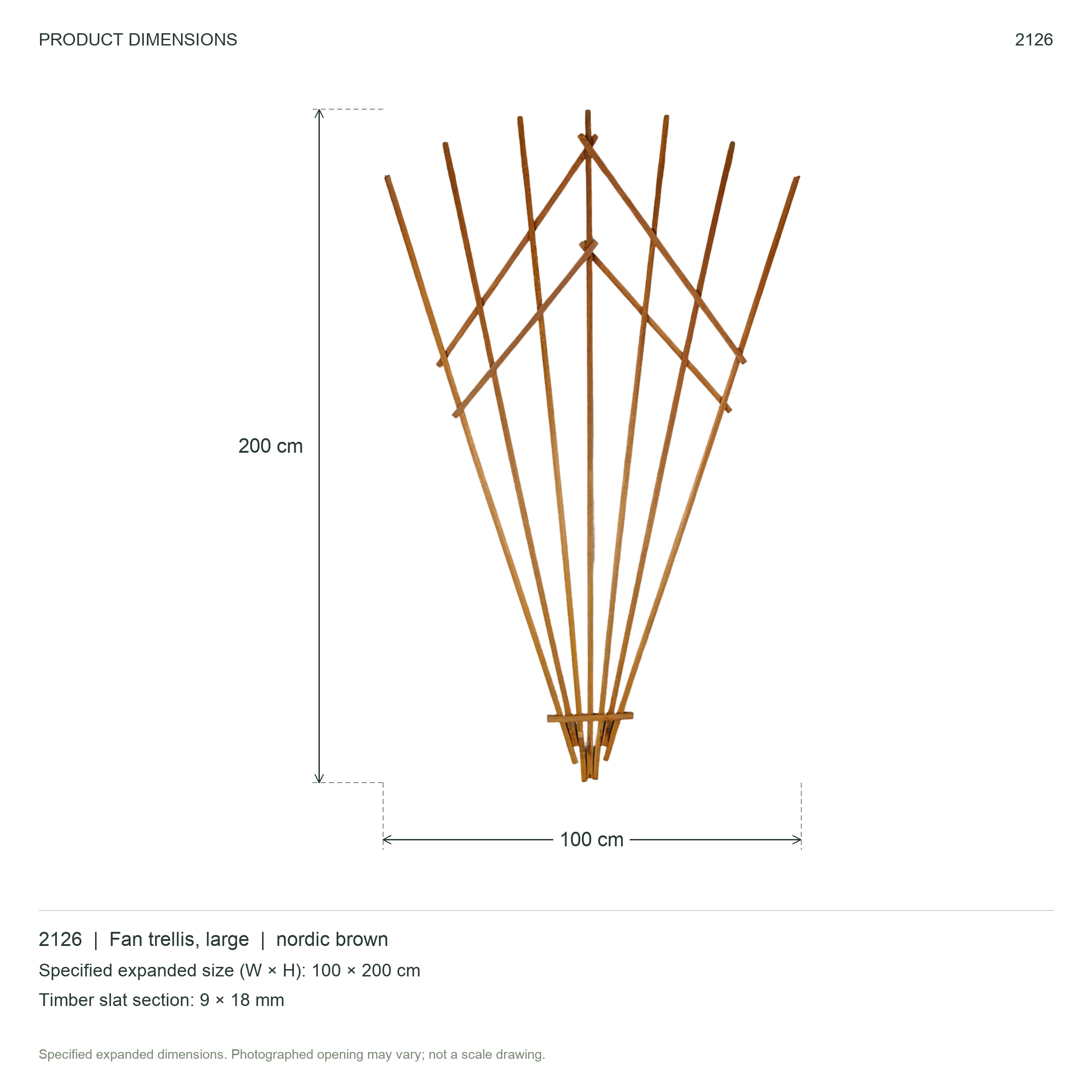 Folding wooden fan-shaped flower trellis, large, nordic brown, size 100 x 200 cm — dimensions details