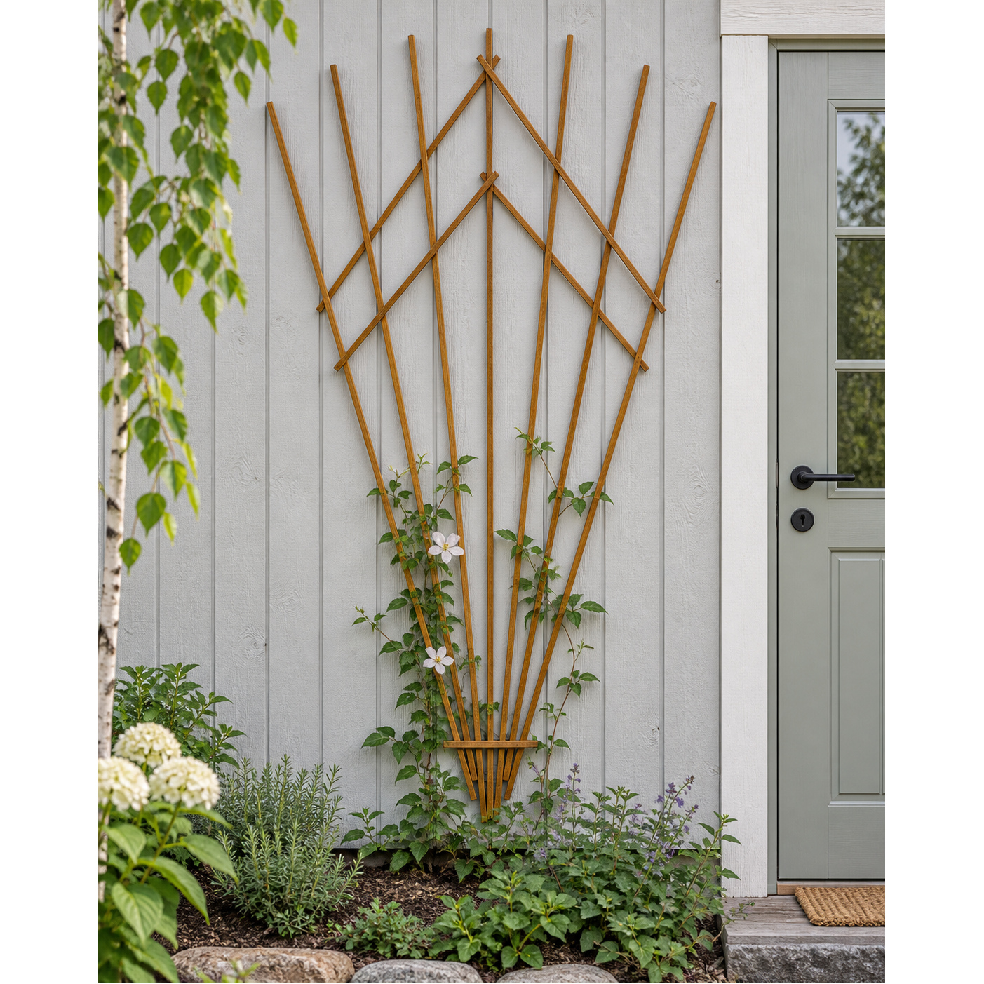 Folding wooden fan-shaped flower trellis, large, nordic brown, size 100 x 200 cm — lifestyle 1x1