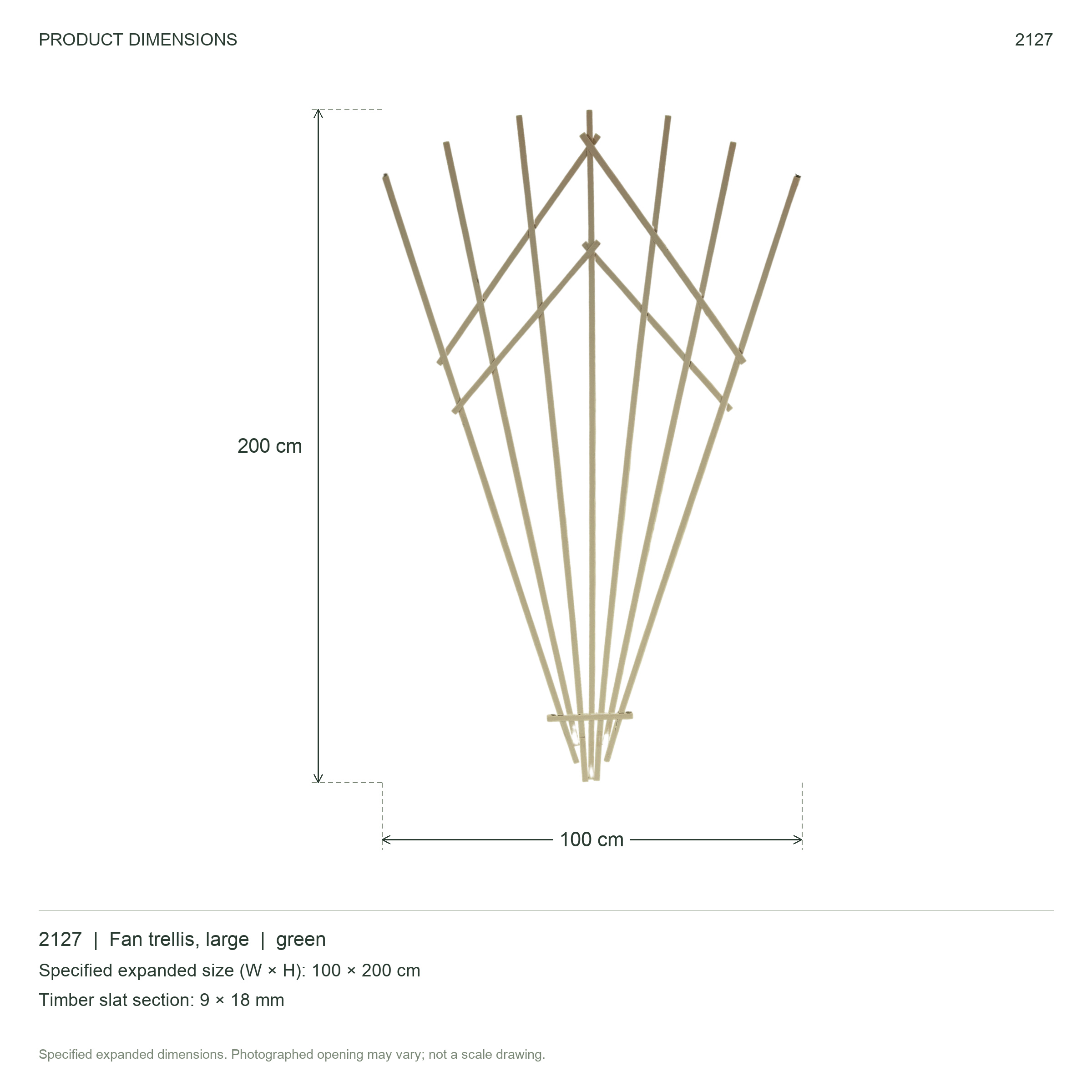 Folding wooden fan-shaped flower trellis, large, green, size 100 x 200 cm — dimensions details