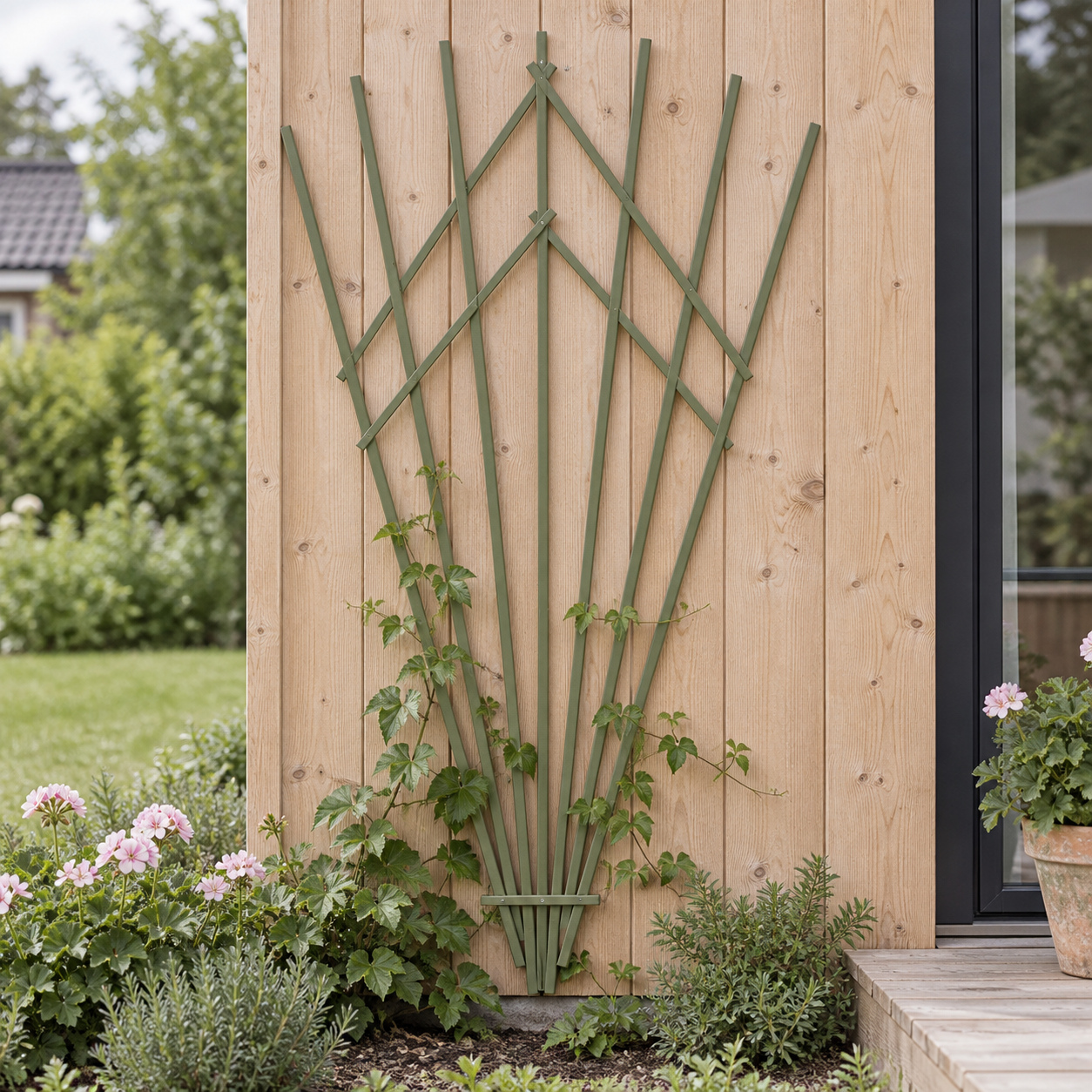 Folding wooden fan-shaped flower trellis, large, green, size 100 x 200 cm — lifestyle 1x1