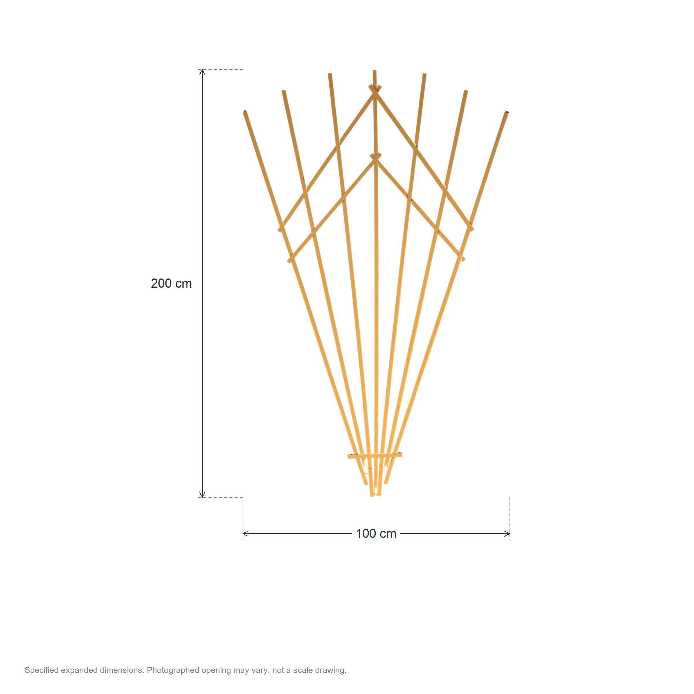 Folding wooden fan-shaped flower trellis, large, yellow, size 100 x 200 cm — dimensions clean