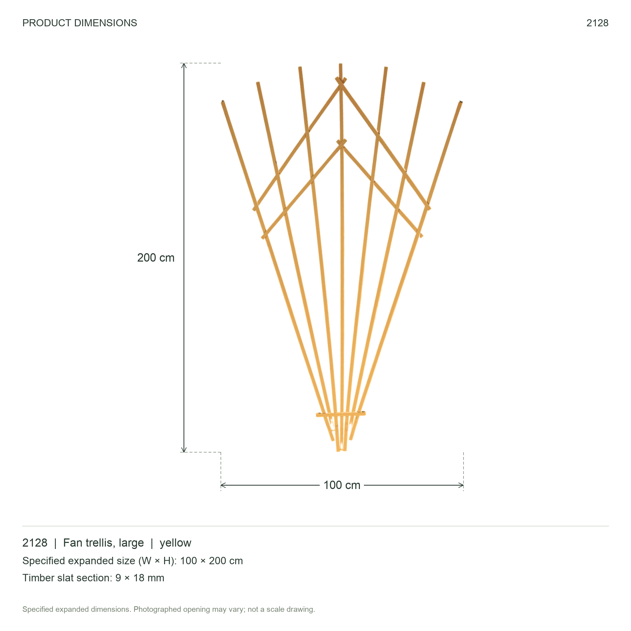 Folding wooden fan-shaped flower trellis, large, yellow, size 100 x 200 cm — dimensions details