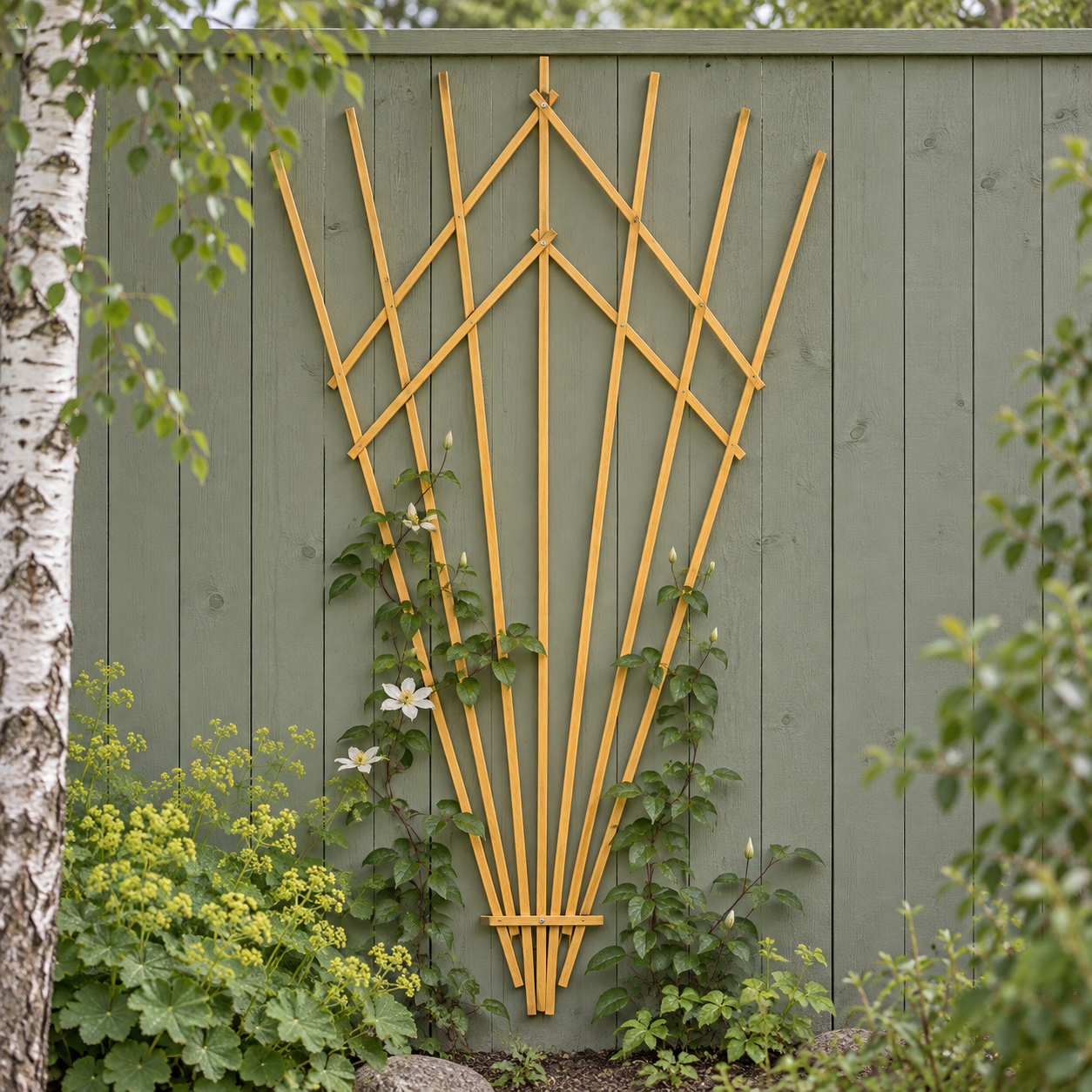 Folding wooden fan-shaped flower trellis, large, yellow, size 100 x 200 cm — lifestyle 1x1