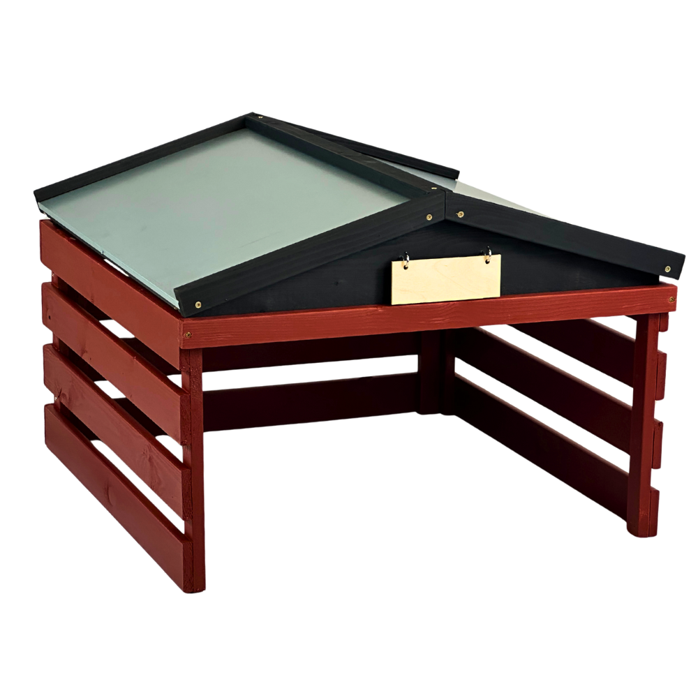 Robotic lawn mower garage with metal roof, red/black