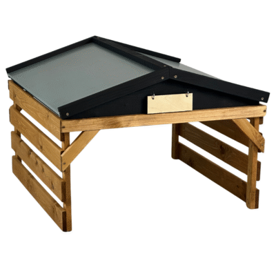 Robotic lawn mower garage, open ended with metal roof, nordic brown/black