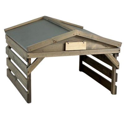 Robotic lawn mower garage, open ended with metal roof, gray/gray