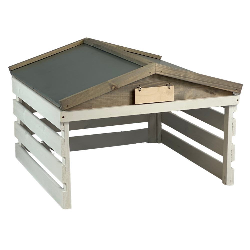 Robotic lawn mower garage with metal roof, white/gray